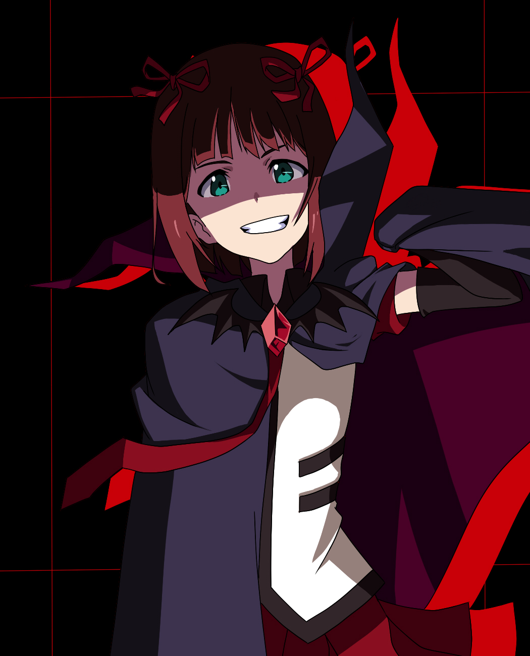 amami_haruka, bow, brown_hair, cape, green_eyes, harustein, highres, idolmaster, mujin_gattai_kisaragi, necktie, open_mouth, short_hair, smile, syoutaro