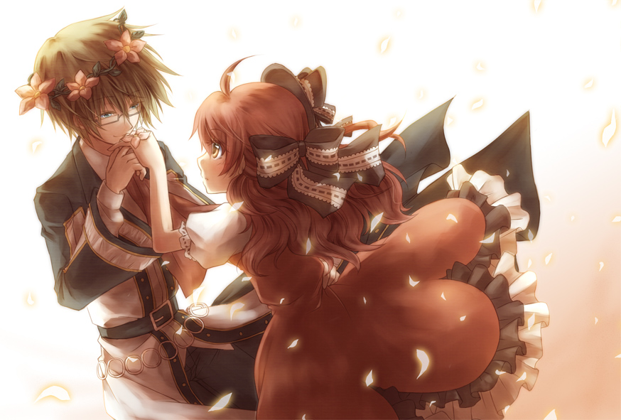 1girl, belt, brown_hair, coat, couple, dress, eeta, flower