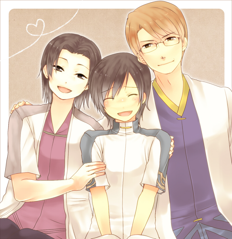 2boys, age_difference, black_eyes, black_hair, brown_hair, family, father_and_son, glasses, heart, heart_of_string, husband_and_wife, jude_mathis, mmino, mother_and_son, multiple_boys, short_hair, smile, tales_of_(series), tales_of_xillia