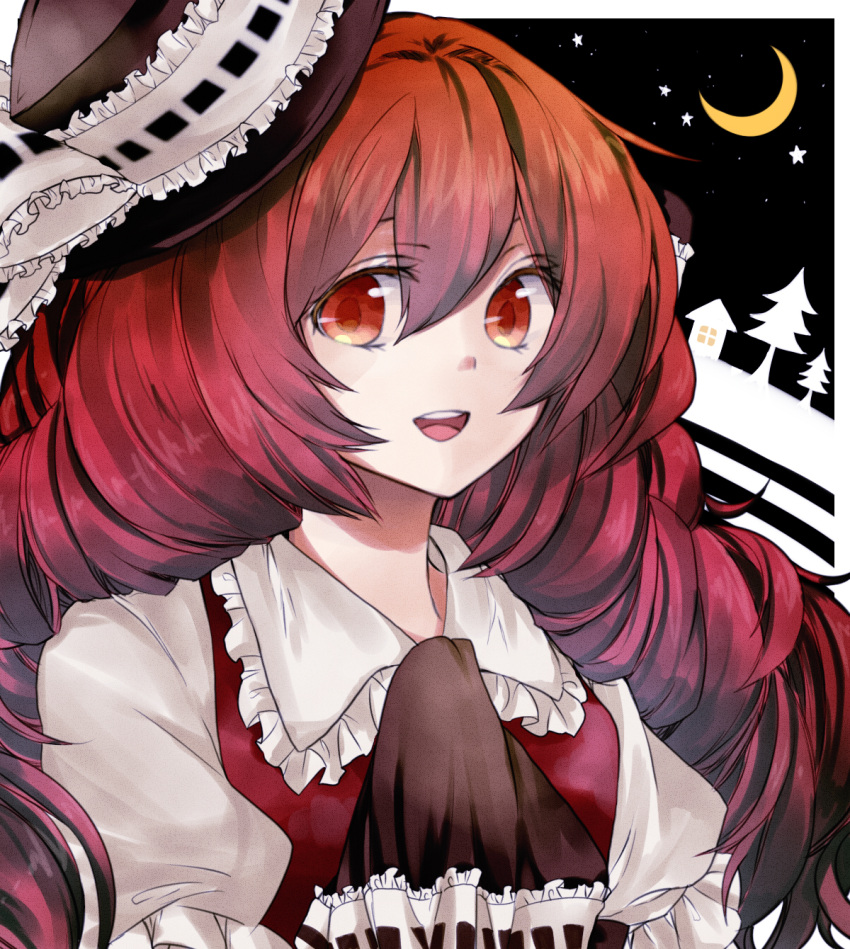 aizawa_riku, ascot, bad_id, brown_eyes, brown_hair, cravat, crescent_moon, frills