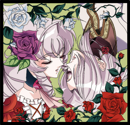 1girl, brother_and_sister, choker, closed_eyes, eyes_closed, flower, frills, green_background