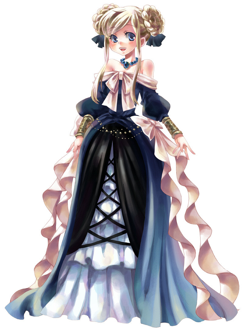 bare_shoulders, blonde_hair, blue_eyes, bow, braid, dress, hair_ribbon, hair_up