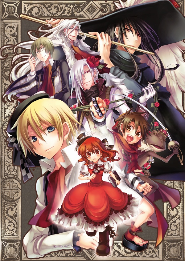 6+boys, akazukin_(zettai_meikyuu_grimm), black_hair, blonde_hair, blue_eyes, book, boots, brown_eyes