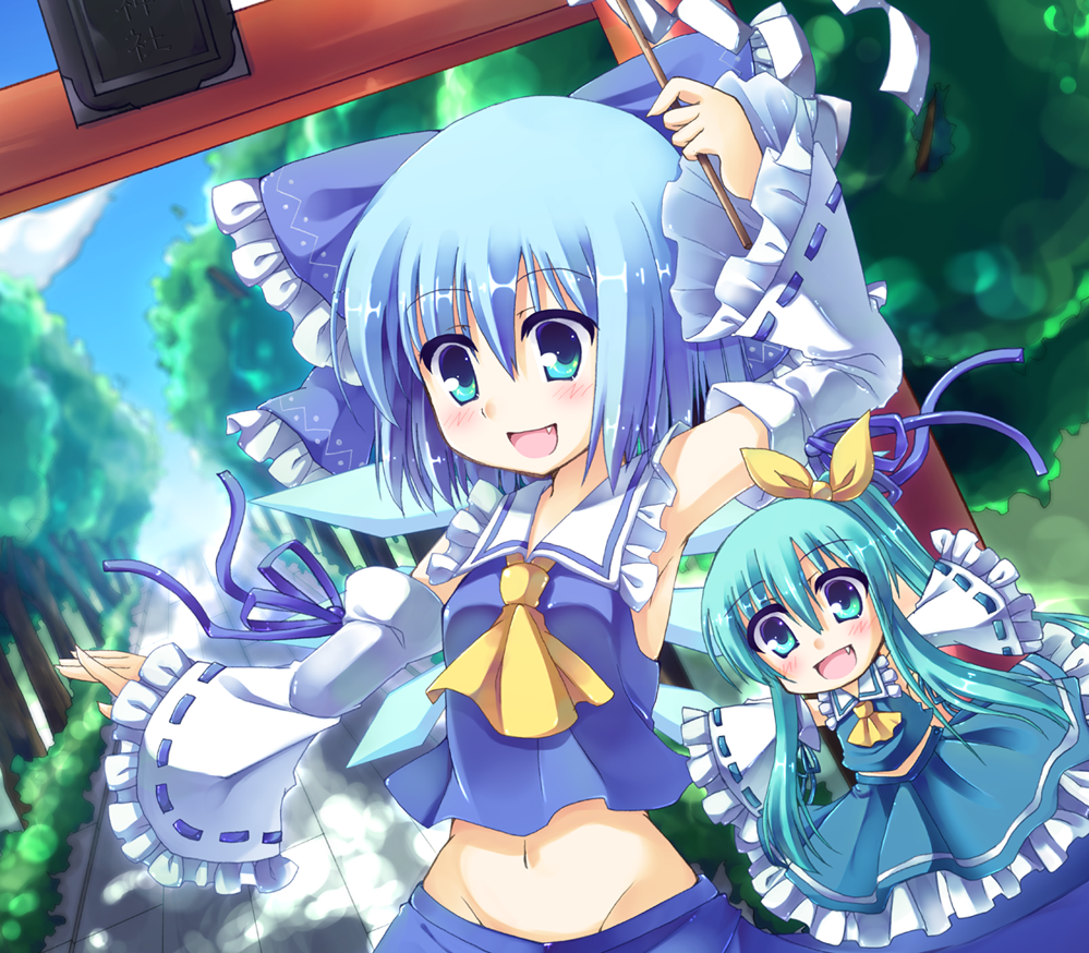 armpits, ascot, bad_id, bare_shoulders, blue_eyes, blue_hair, blush, bust