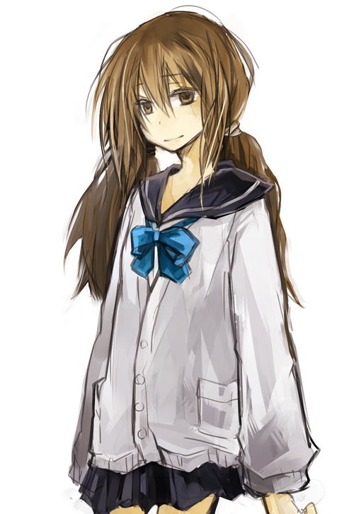 bow, brown_eyes, brown_hair, copyright_request, fujiwara_akina, low_twintails, pig_tails, school_uniform