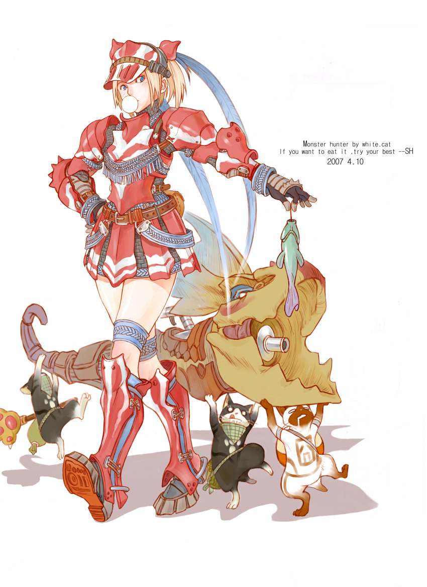absurdres, animal, armor, armored_dress, blonde_hair, blue_eyes, boots, bubble_gum