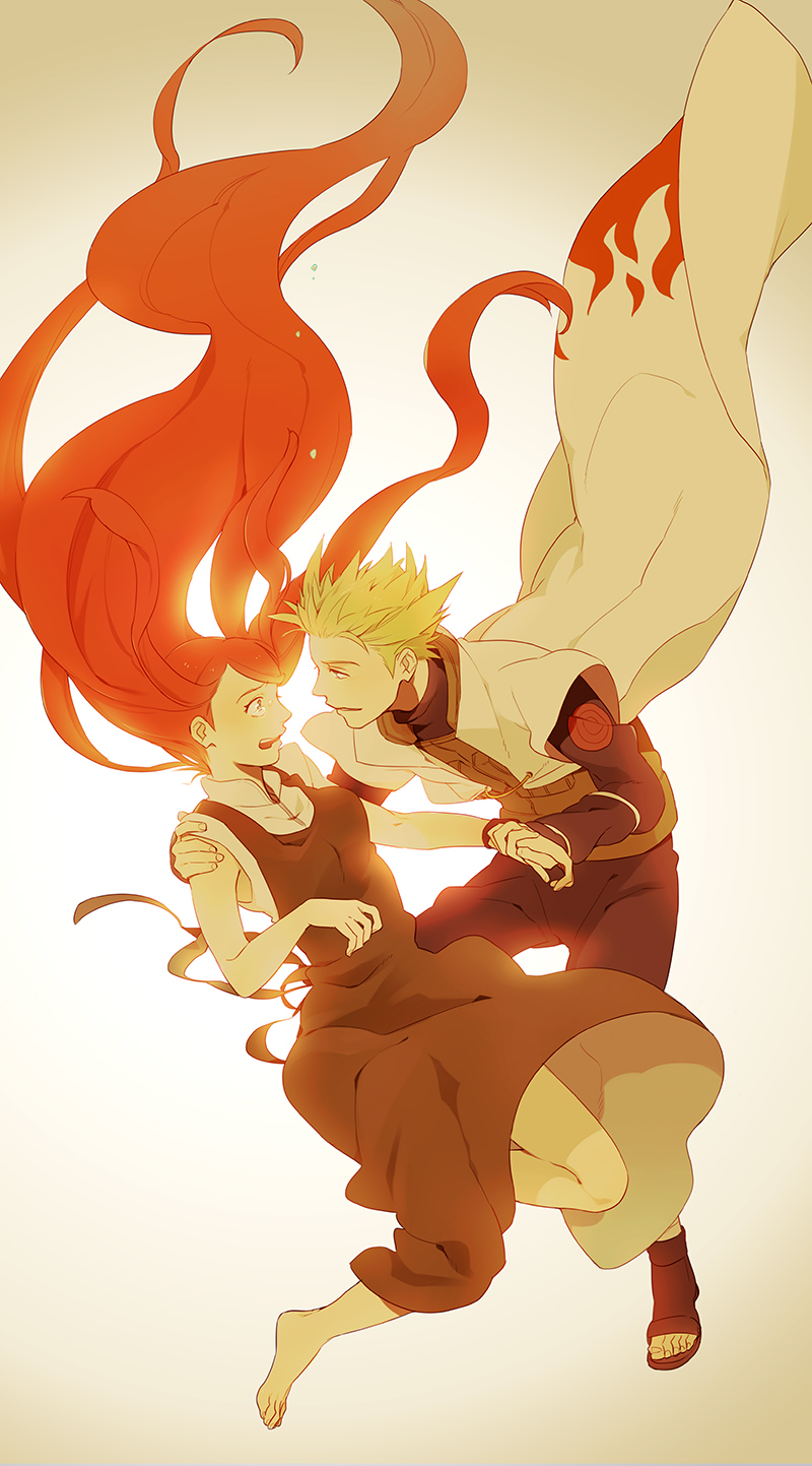 1girl, apron, blonde_hair, cape, couple, eye_contact, falling, highres, i_(kaiyou), long_hair, looking_at_another, namikaze_minato, naruto, red_hair, redhead, smile, spiked_hair, spiky_hair, tears, uzumaki_kushina, very_long_hair