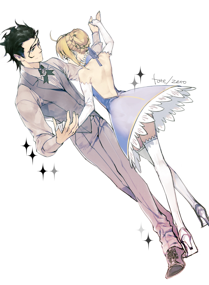 1girl, ahoge, back, bare_back, black_hair, blonde_hair, dancing, dress