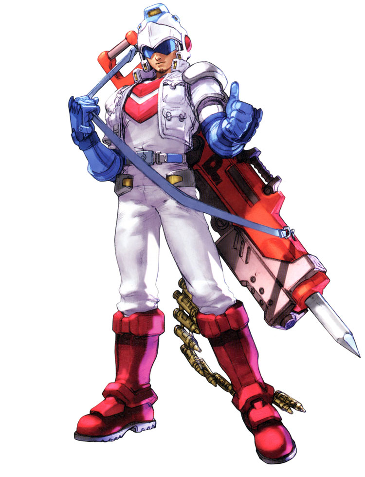 ammunition_belt, boots, dig_dug, drill, facial_hair, gloves, goatee, gun, helmet, huge_weapon, kawano_takuji, male, namco, namco_x_capcom, official_art, over_shoulder, pile_bunker, solo, taizo_hori, thumbs_up, weapon, weapon_over_shoulder