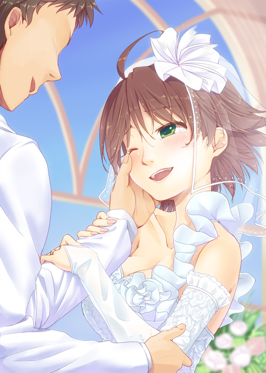 1boy, 1girl, ahoge, awakened_miki, blush, bridal_gauntlets, bridal_veil, brown_hair