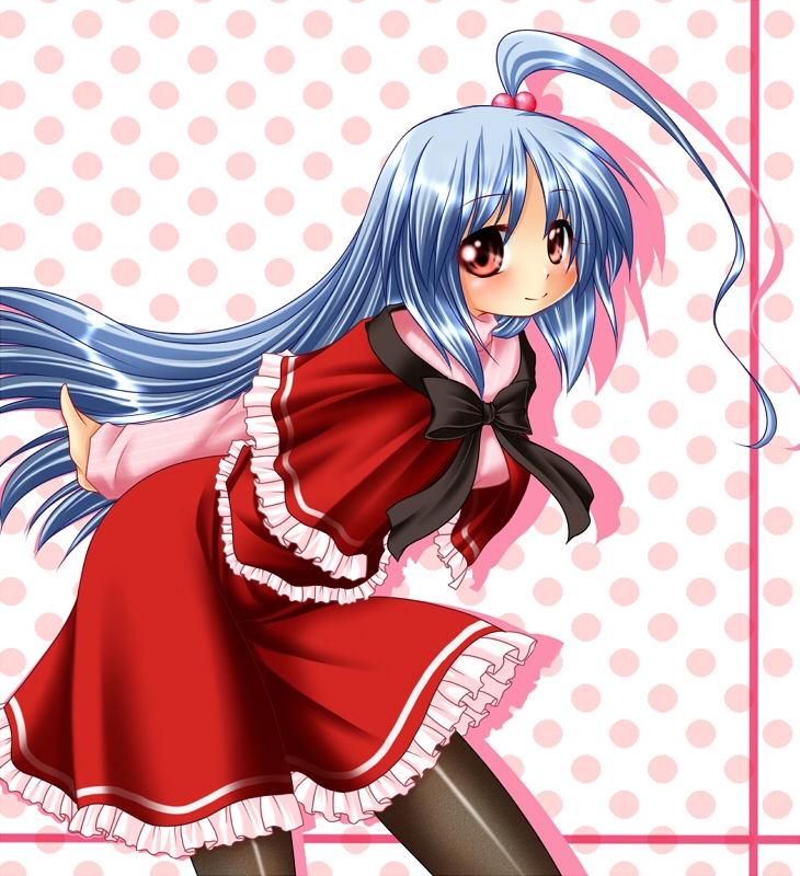 dress, hair_bobbles, hair_ornament, kagura_chitose, pantyhose, red_eyes, shinki, side_ponytail, silver_hair, smile, solo, touhou
