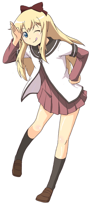 :p, ;q, black_legwear, blonde_hair, blue_eyes, bow, hair_bow, hand_on_hip