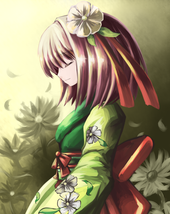 closed_eyes, flower, hair_flower, hair_ornament, hieda_no_akyuu, japanese_clothes, purple_hair, ribbon