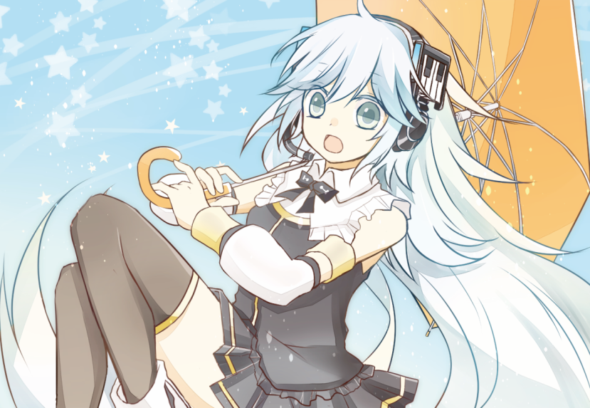 blue_eyes, blue_hair, detached_sleeves, headphones, long_hair, open_mouth, ribbon, ring_suzune