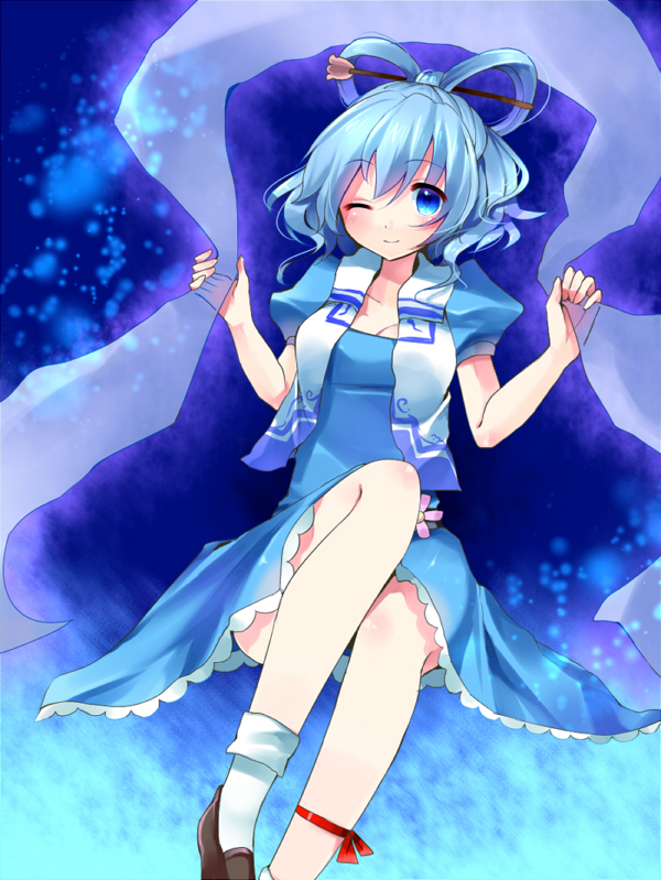 bad_id, blue_eyes, blue_hair, breasts, flower, hair_rings, hair_stick, kaku_seiga, meronpanna_(mikoniito), shawl, smile, solo, touhou, vest, wink