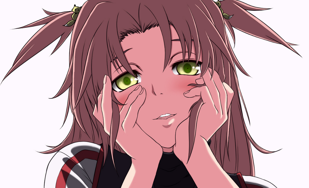 brown_hair, hair_ornament, hands_on_own_cheeks, hands_on_own_face, infinite_stratos, long_hair, mirai_nikki, nayuta_(bamiras1105)