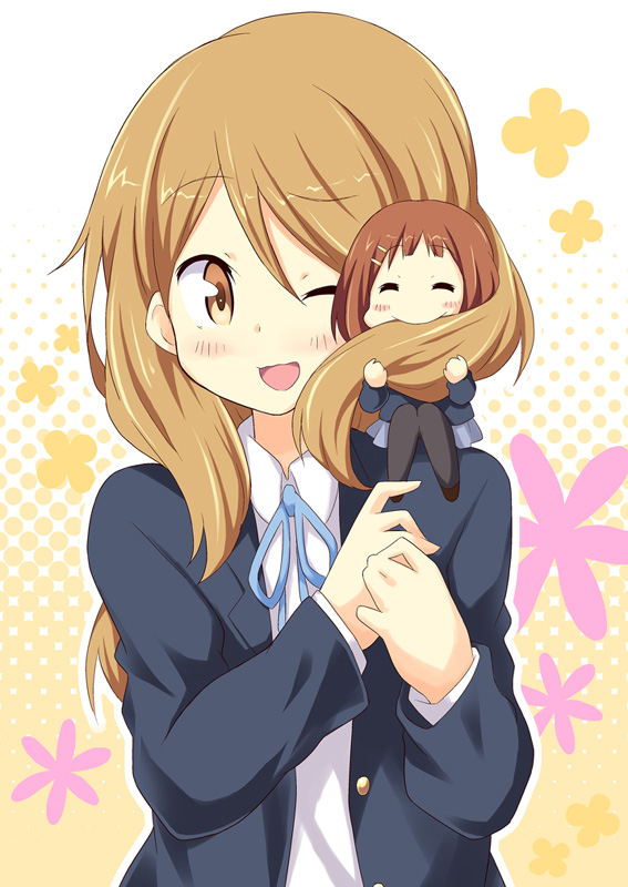 blazer, brown_eyes, brown_hair, chibi, dekosuke, eating_hair, extra, hirasawa_yui, k-on!, long_hair, minigirl, open_mouth, school_uniform, smile, tachibana_himeko, wink