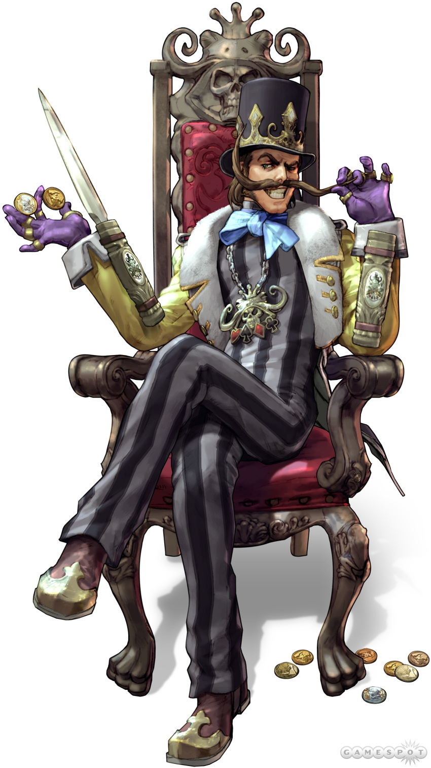 bodysuit, brown_hair, coin, concealed_sword, concealed_weapon, facial_hair, geo_dampierre, gloves, grin, hat, highres, jewelry, kawano_takuji, lord_geo_dampierre, male, mustache, namco_bandai, official_art, raised_eyebrow, ring, smile, solo, soul_calibur, soul_calibur_v, soulcalibur, soulcalibur_v, striped, sword, throne, top_hat, watermark, weapon