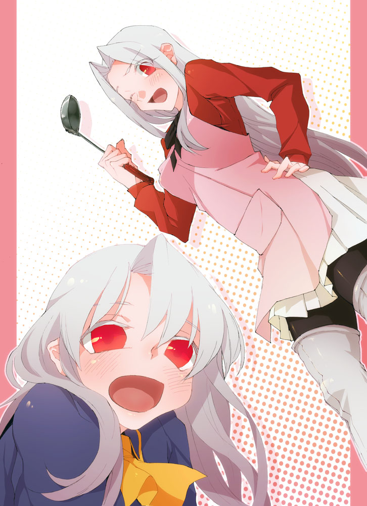 age_difference, apron, black_legwear, boots, fate/stay_night, fate/zero, fate_(series), illyasviel_von_einzbern