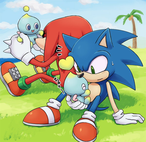 2boys, anthro, blue_sky, blush, chao_(sonic), clouds, coconuts, day, furry, gloves, grass, green_eyes, heart, japanese, japanese_text, knuckles_the_echidna, palm_tree, running_shoes, sea, sega, socks, sonic, sonic_(series), sonic_the_hedgehog, spikes, tail, white_gloves, white_socks, wings