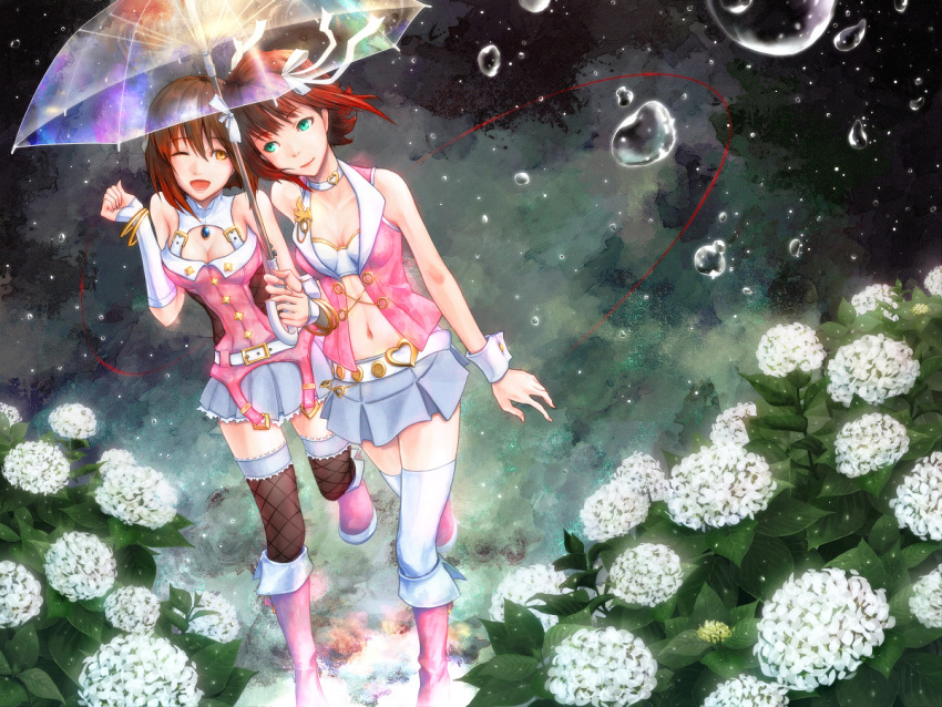 amami_haruka, boots, breasts, brown_hair, bubbles, cleavage, field_of_flower, flower