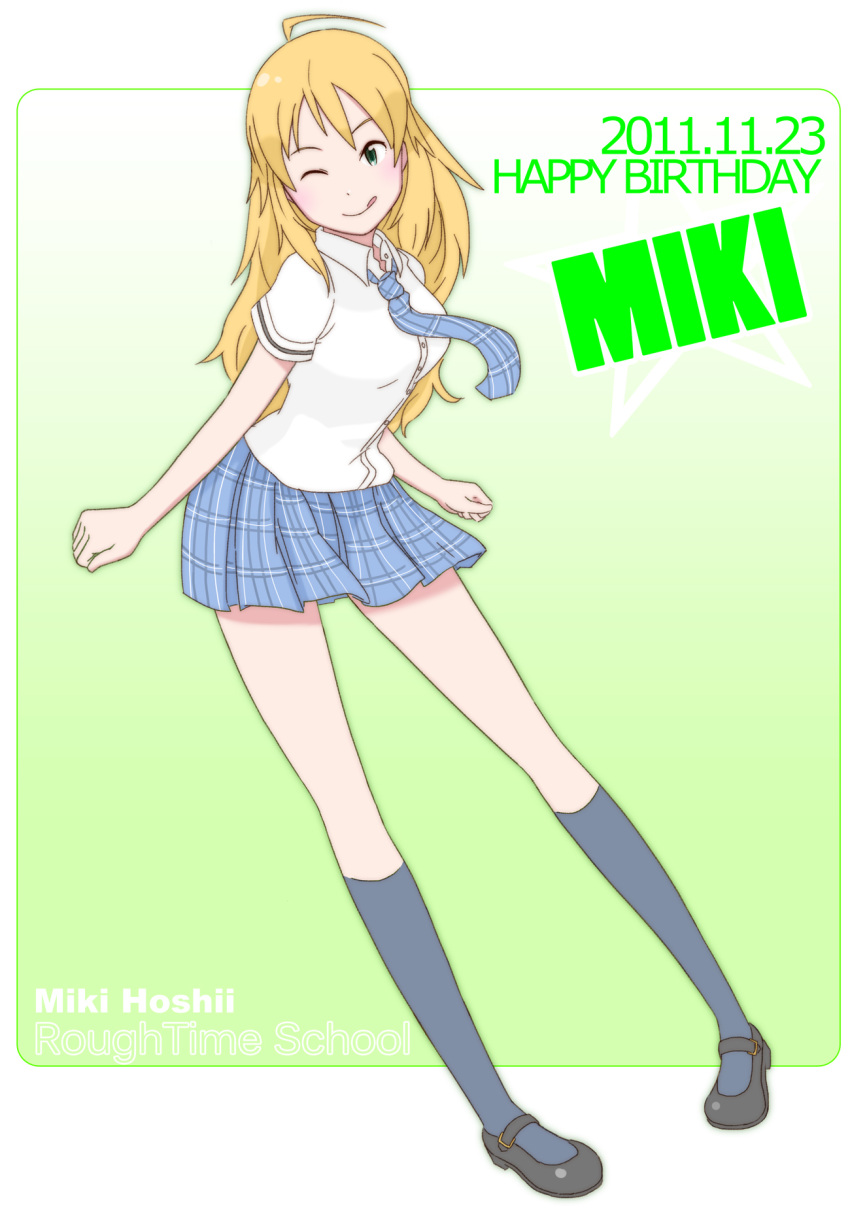 :p, :q, ahoge, blonde_hair, green_eyes, happy_birthday, highres, hoshii_miki
