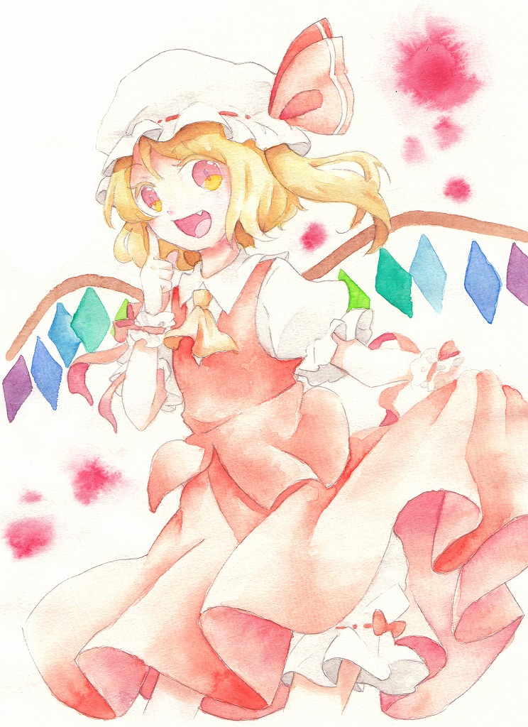 ascot, blonde_hair, bloomers, dress, fang, flandre_scarlet, hand_on_own_face, hand_to_face