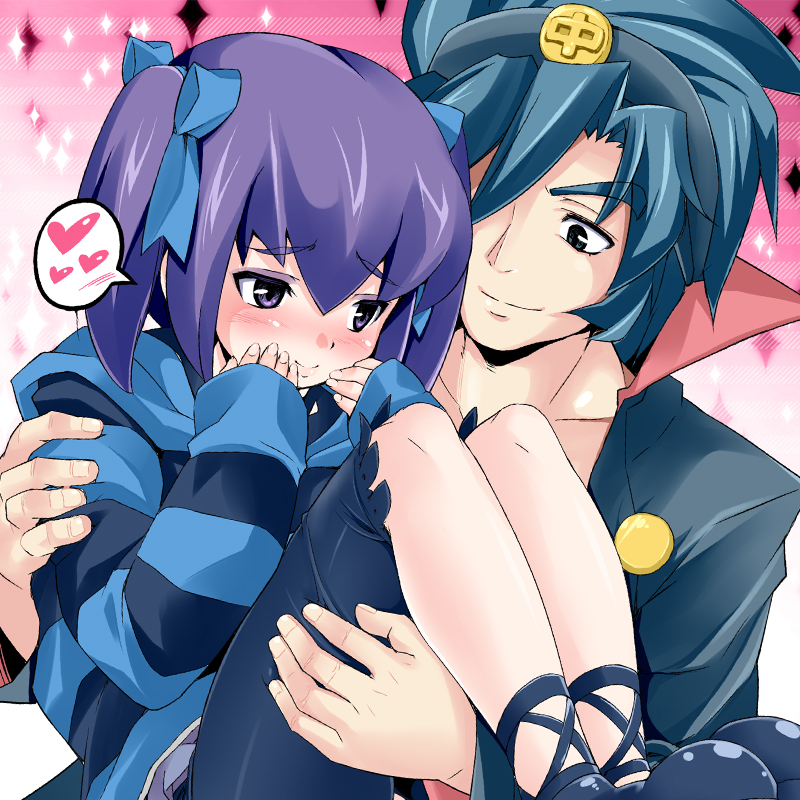 1girl, bike_shorts, blue_eyes, blue_hair, blush, carrying, character_request, child