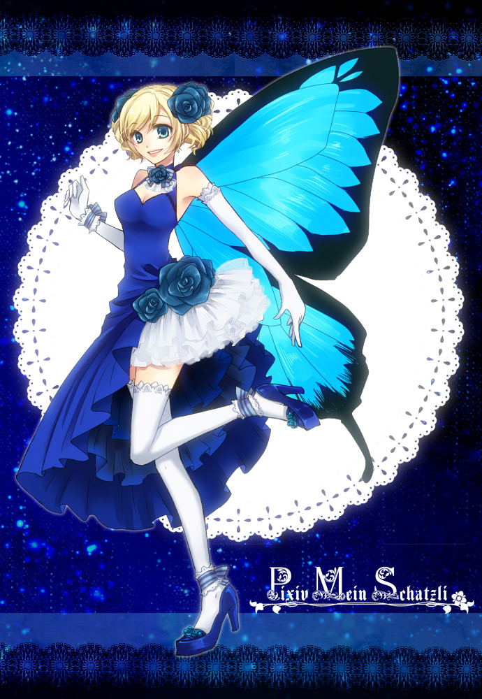 1girl, blonde_hair, butterfly_wings, dress, fairy, female, flower, gloves