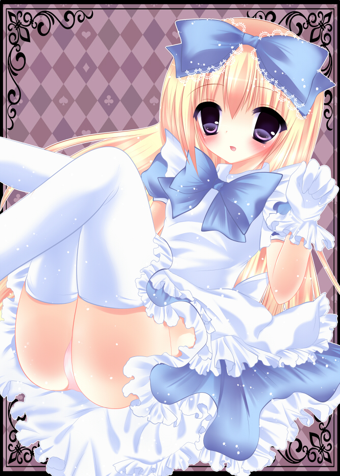 alice_in_wonderland, blush, bow, dress, gloves, hair_bow, himemiya_niina, original
