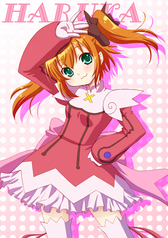 :3, arm_up, character_name, dress, green_eyes, hair_ribbon, kaitou_tenshi_twin_angel, long_hair