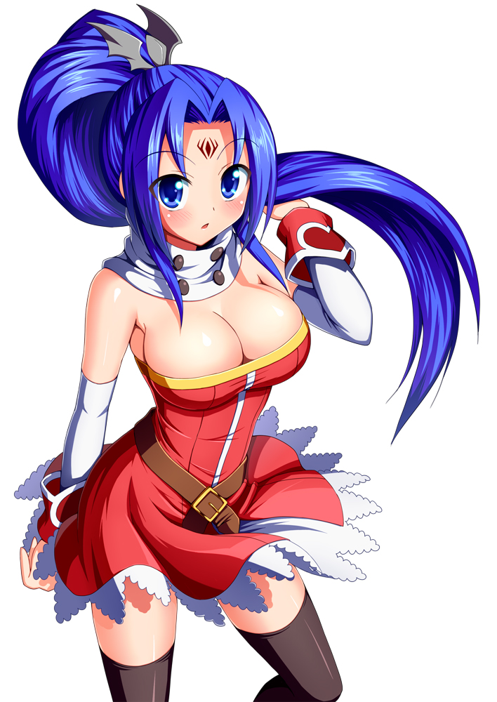 1girl, black_legwear, blue_eyes, blue_hair, blush, breasts, bucchake_(asami), chiffon_(sister_quest), chiffon_(sister_quest)_(cosplay), cosplay, facial_mark, forehead_mark, large_breasts, long_hair, magical_halloween, ponytail, rosemary_bergamot, sister_quest, skirt, solo, thighhighs