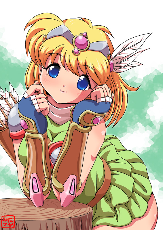 armed_dragon_fantasy_villgust, blonde_hair, blue_eyes, bow_(weapon), fanna, feathers, fingerless_gloves, gloves