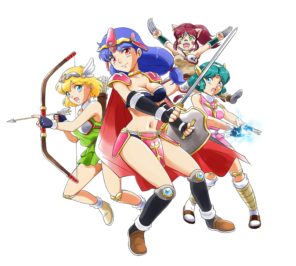 90s, :d, animal_ears, armed_dragon_fantasy_villgust, armor, bikini_armor, blonde_hair, blue_eyes, blue_hair, boots, bow_(weapon), breasts, cape, cat_ears, chris_(villgust), claws, e_rondon_boots, fanna, fantasy, fingerless_gloves, gloves, green_eyes, green_hair, happy, headgear, kouryu_densetsu_villgust, kouryuu_densetsu_villgust, long_hair, magic, multiple_girls, open_mouth, ponytail, red_eyes, red_hair, redhead, remi_(villgust), ryuquir, shield, short_hair, smile, sword, weapon