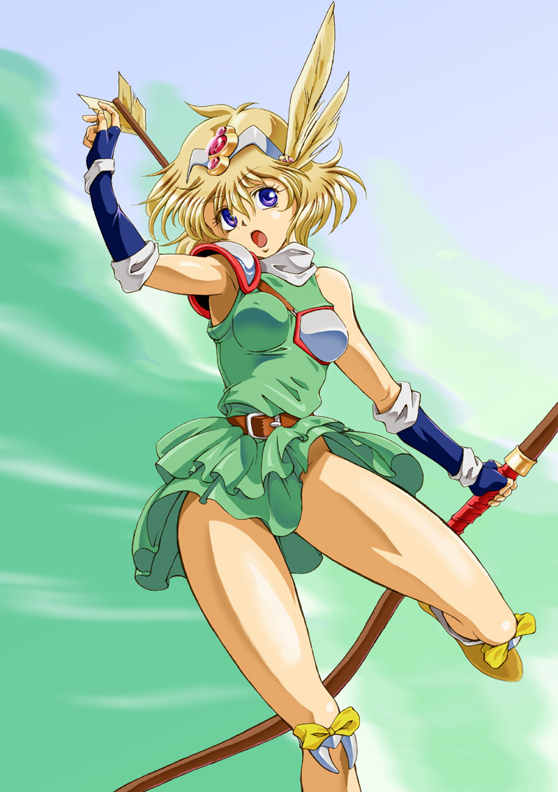 1girl, :o, armed_dragon_fantasy_villgust, belt, blonde_hair, blue_eyes, bow_(weapon), breasts