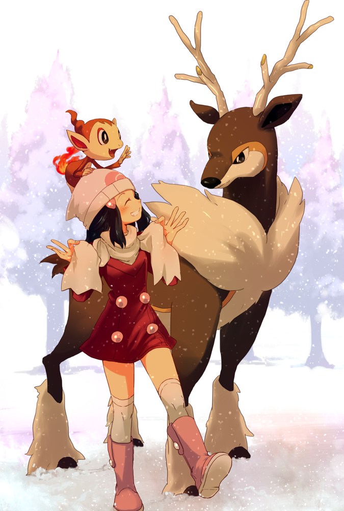 1girl, boots, chimchar, grin, hikari_(pokemon), hikari_(pokemon)_(remake), pokemon, pokemon_(creature)