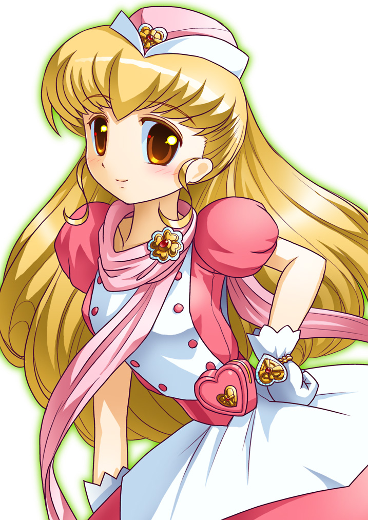 blonde_hair, brown_eyes, dress, gloves, hand_on_hip, hat, heart, hips