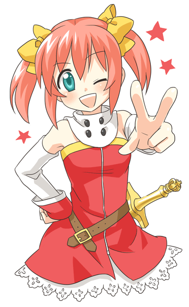 ;d, aqua_eyes, bow, chiffon_(sister_quest), fujisawa_kamiya, hair_ribbon, hand_on_hip, happy