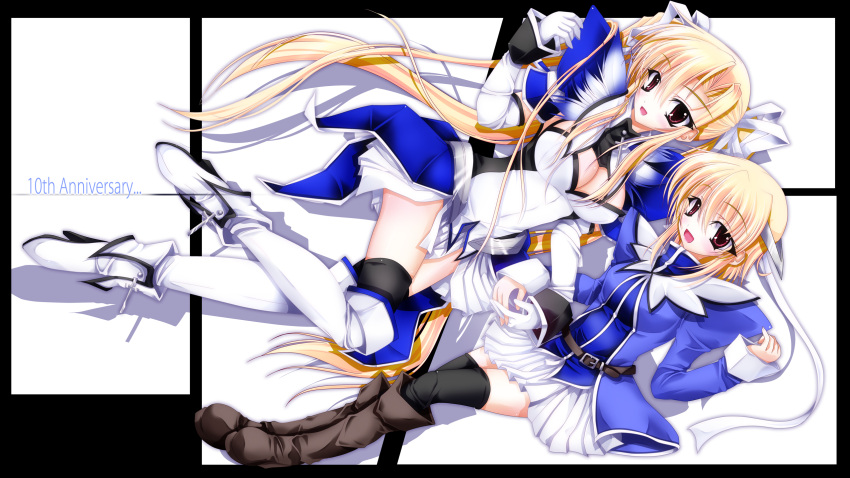 2girls, belt, black_legwear, blonde_hair, boots, breasts, dress, dual_persona, highres, long_hair, multiple_girls, original, red_eyes, short_hair, smile, thigh-highs, thighhighs, yu-ri_(noteism)