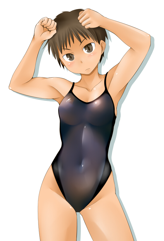 brown_eyes, brown_hair, competition_swimsuit, one-piece_swimsuit, original, short_hair, solo, swimsuit
