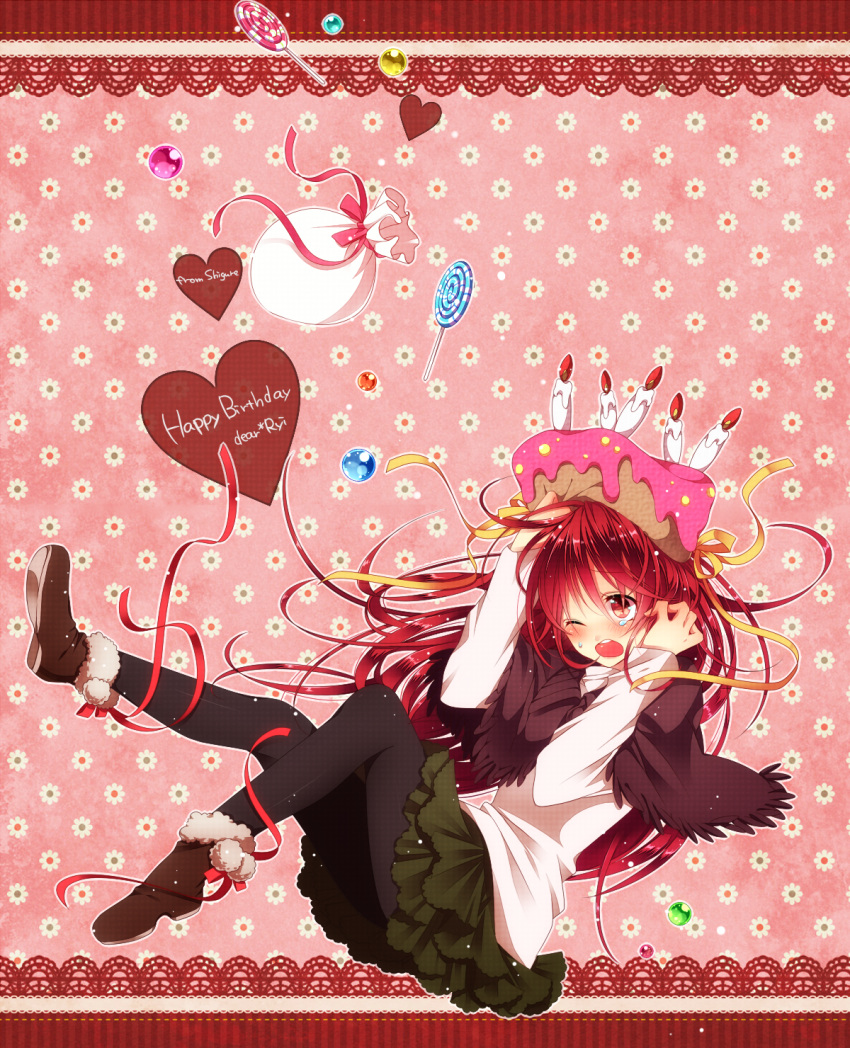 bad_id, blush, cake, copyright_request, food, food_as_clothes, happy_birthday, highres