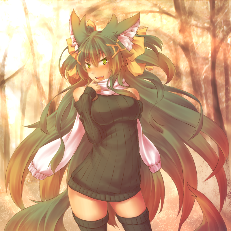brown_hair, fox_ears, fox_tail, kuromiya, kuromiya_raika, original, scarf, solo