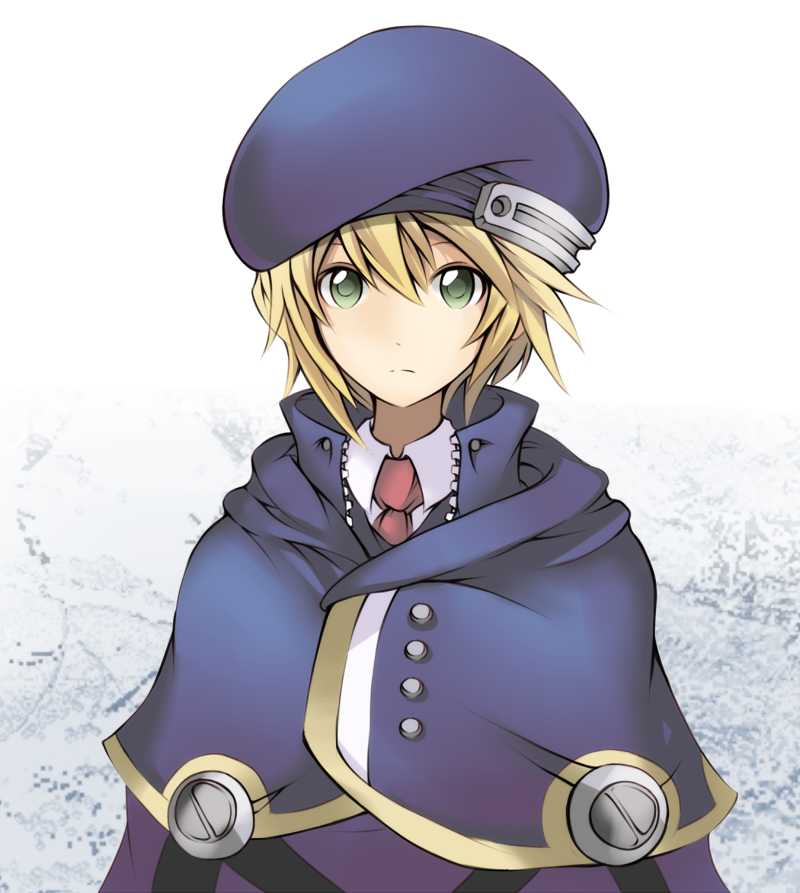 beret, blazblue, blonde_hair, green_eyes, hat, kanten_(kanten328), necktie, noel_vermillion, shawl, short_hair, solo