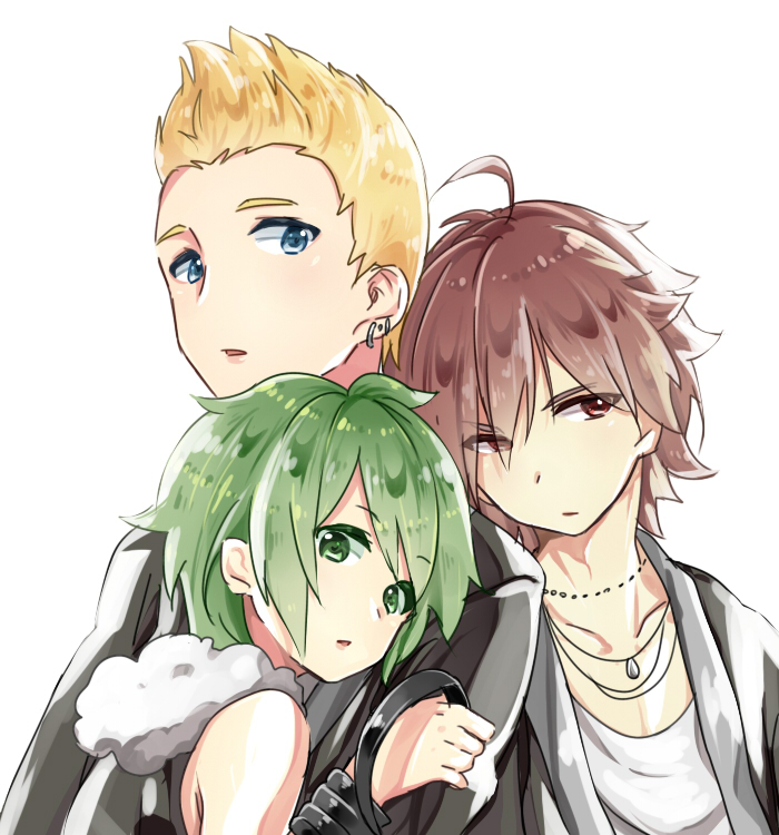 ahoge, amagase_touma, blue_eyes, brown_eyes, brown_hair, green_eyes, green_hair, idolmaster