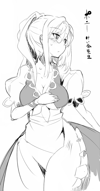 adapted_costume, apron, bespectacled, blush, breasts, cleavage, glasses, greyscale