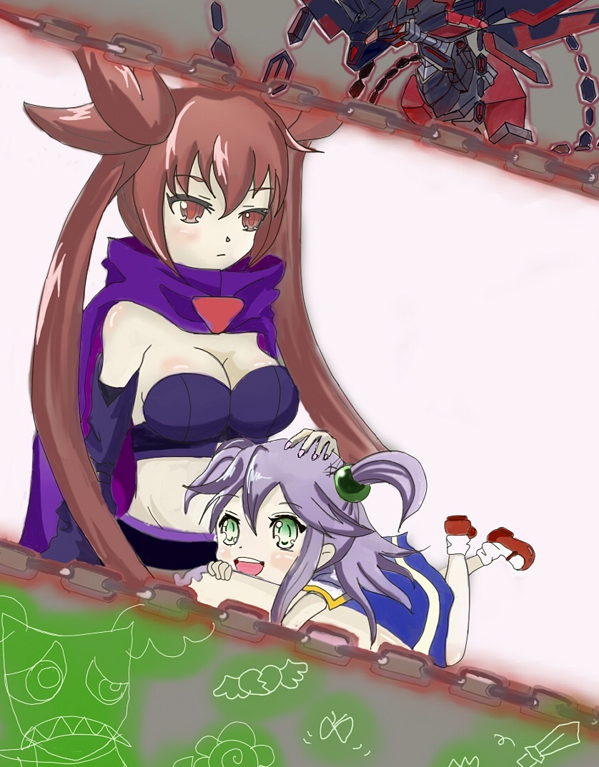 2girls, arcana_heart, arcana_heart_3, breasts, cape, chain, chains, eko_(arcana_heart)
