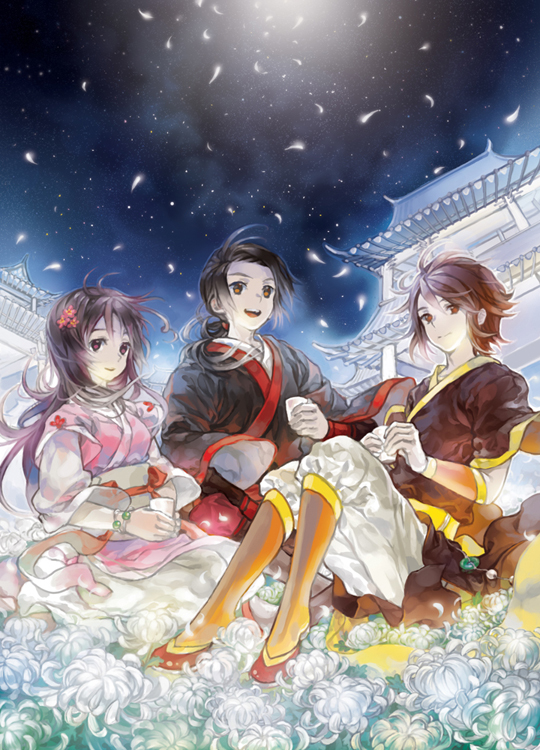 2boys, axis_powers_hetalia, black_hair, bracelet, brown_eyes, brown_hair, china_(hetalia), chinese_clothes, cup, flower, hair_flower, hair_ornament, hanfu, holding, hong_kong_(hetalia), janemere, jewelry, long_hair, multiple_boys, night, night_sky, petals, ponytail, seiza, short_hair, sitting, sky, spider_lily, taiwan_(hetalia), white_spider_lily, wind
