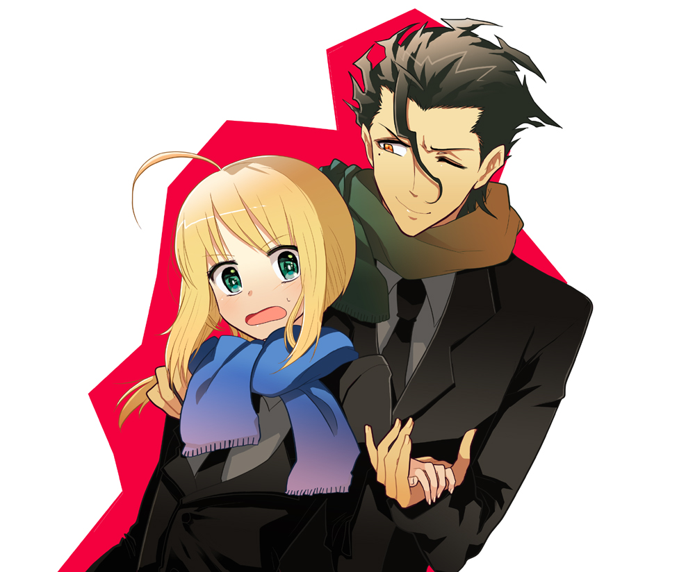 1girl, ahoge, black_hair, blonde_hair, fate/stay_night, fate/zero, fate_(series), formal