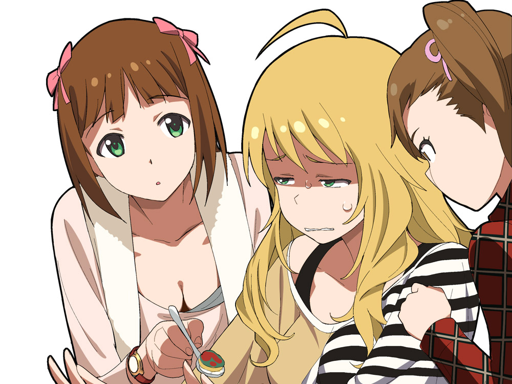 a1, ahoge, amami_haruka, blonde_hair, bow, breasts, brown_eyes, brown_hair, cleavage, food, futami_mami, green_eyes, hair_bow, hasegawa_akiko, hoshii_miki, idolmaster, long_hair, multiple_girls, nakamura_eriko, parody, seiyuu_connection, shimoda_asami, short_hair, side_ponytail, striped, sweatdrop, watch, wavy_mouth