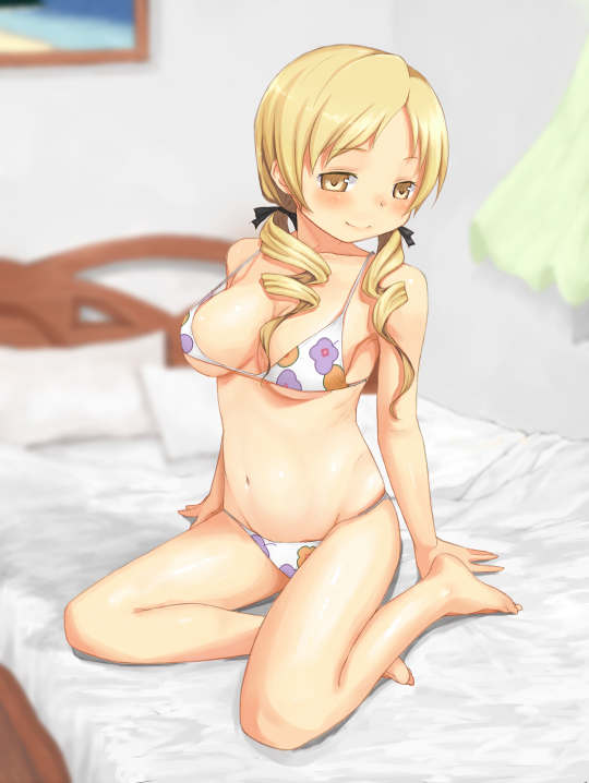bikini, blonde_hair, blush, breasts, cleavage, drill_hair, floral_print, kabocha_head